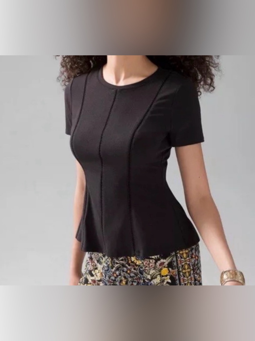 White House Black Market Black Short-Sleeve Lattice Trim Top Size Large